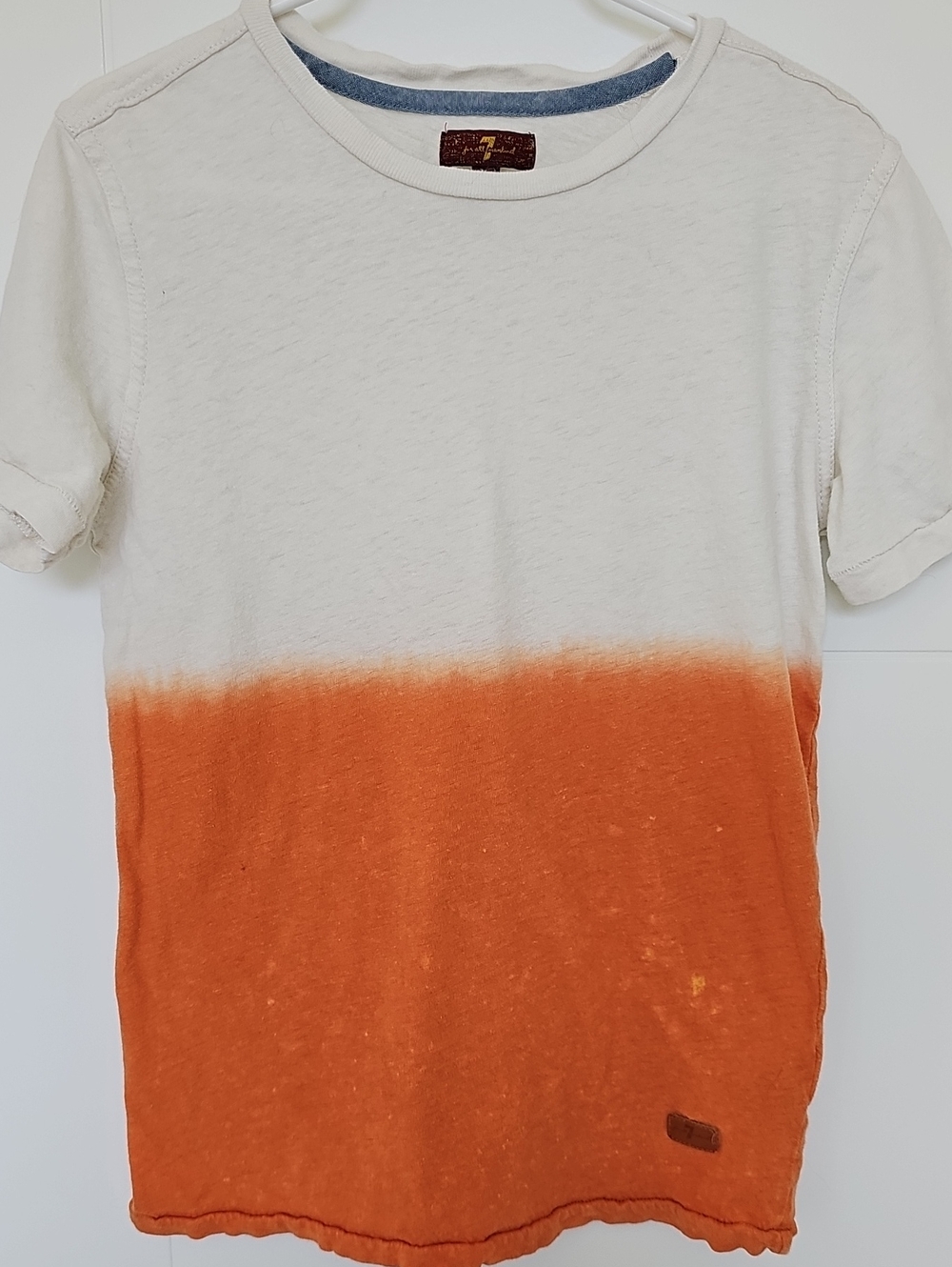 7 For All Mankind Dip Dye Ombre Short Sleeve Tee Off White & Orange Kids Sz M